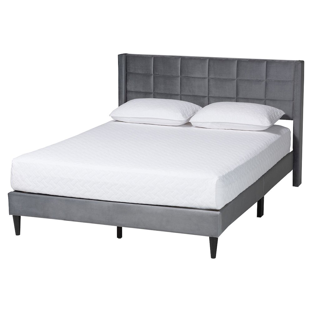 Payne Modern Glam Grey Velvet and Dark Brown Wood Queen Bed. Picture 1