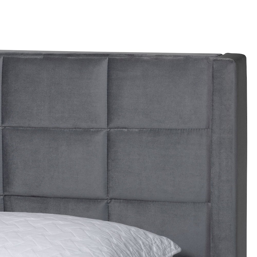 Payne Modern Glam Grey Velvet and Dark Brown Wood Queen Bed. Picture 4