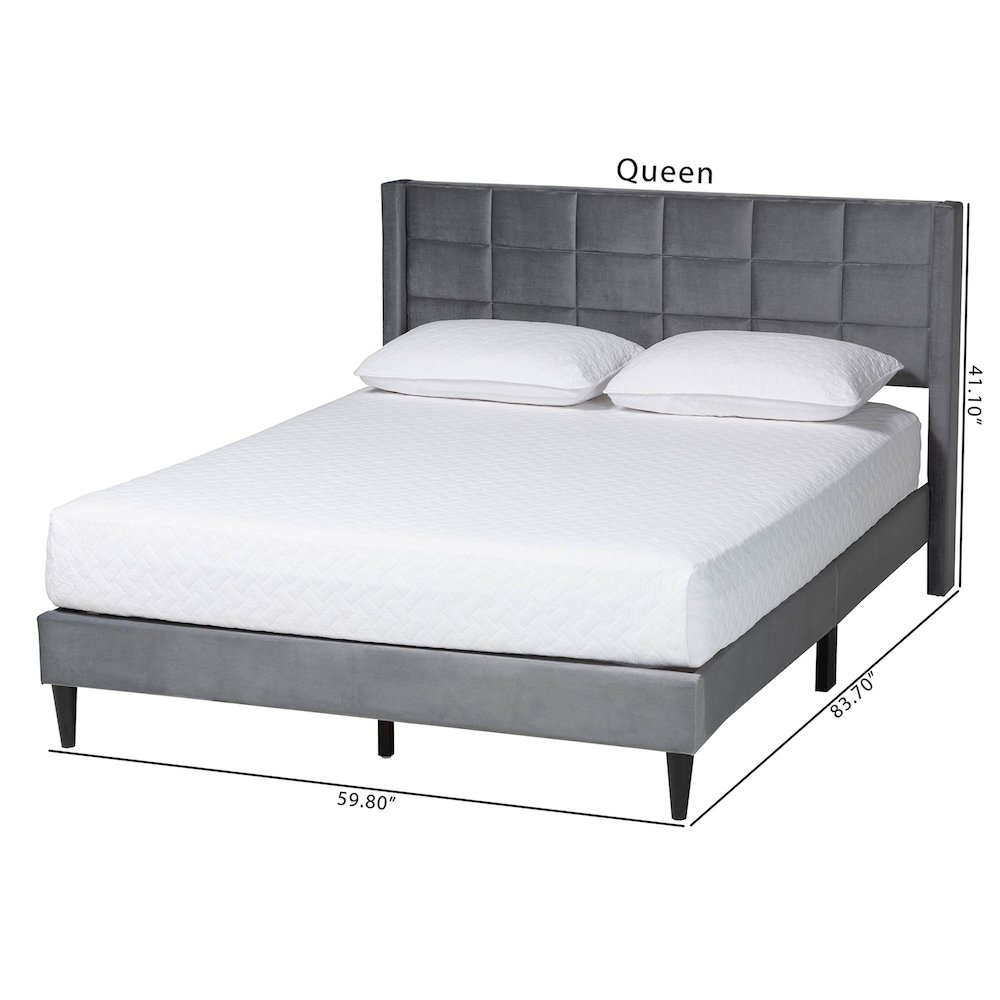Payne Modern Glam Grey Velvet and Dark Brown Wood Queen Bed. Picture 9