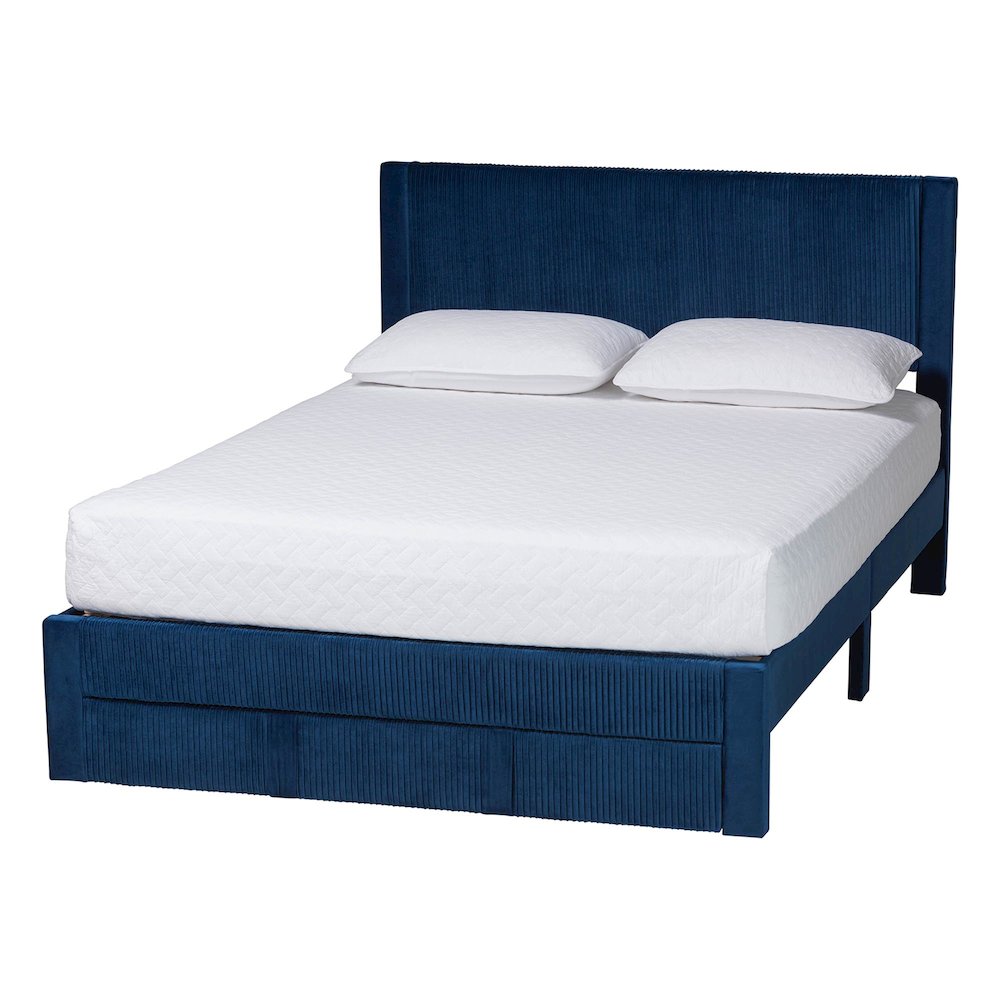 Elora Modern Navy Blue Pleated Velvet Queen Size Storage Bed. Picture 1