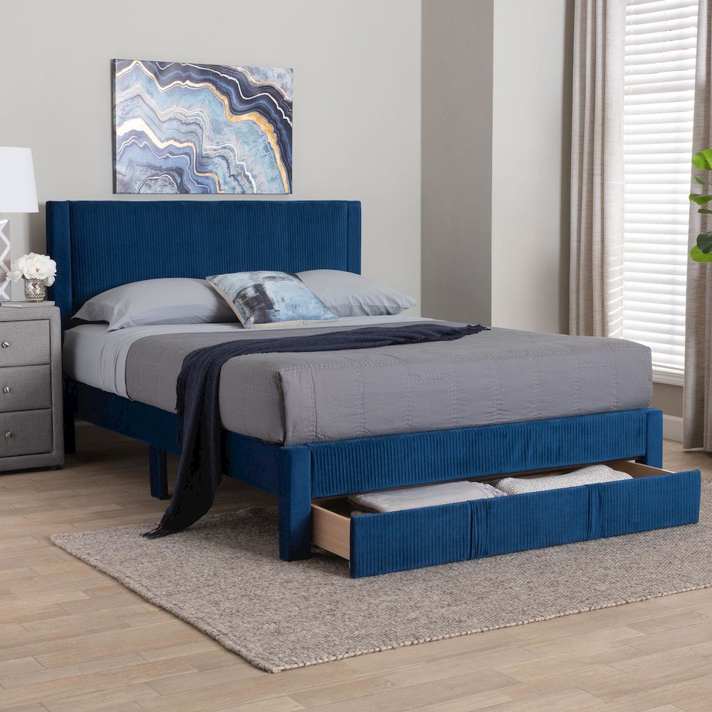 Elora Modern Navy Blue Pleated Velvet Queen Size Storage Bed. Picture 10