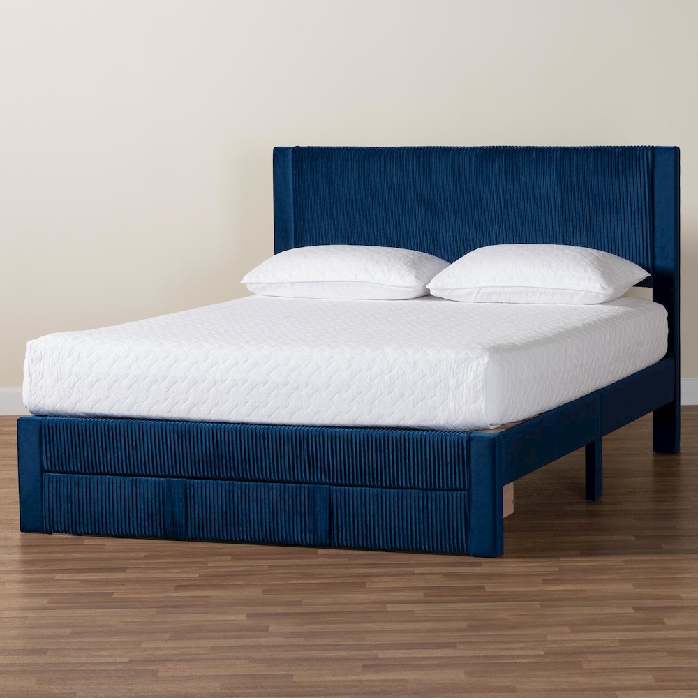 Elora Modern Navy Blue Pleated Velvet Queen Size Storage Bed. Picture 11