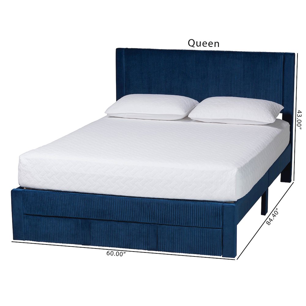 Elora Modern Navy Blue Pleated Velvet Queen Size Storage Bed. Picture 12