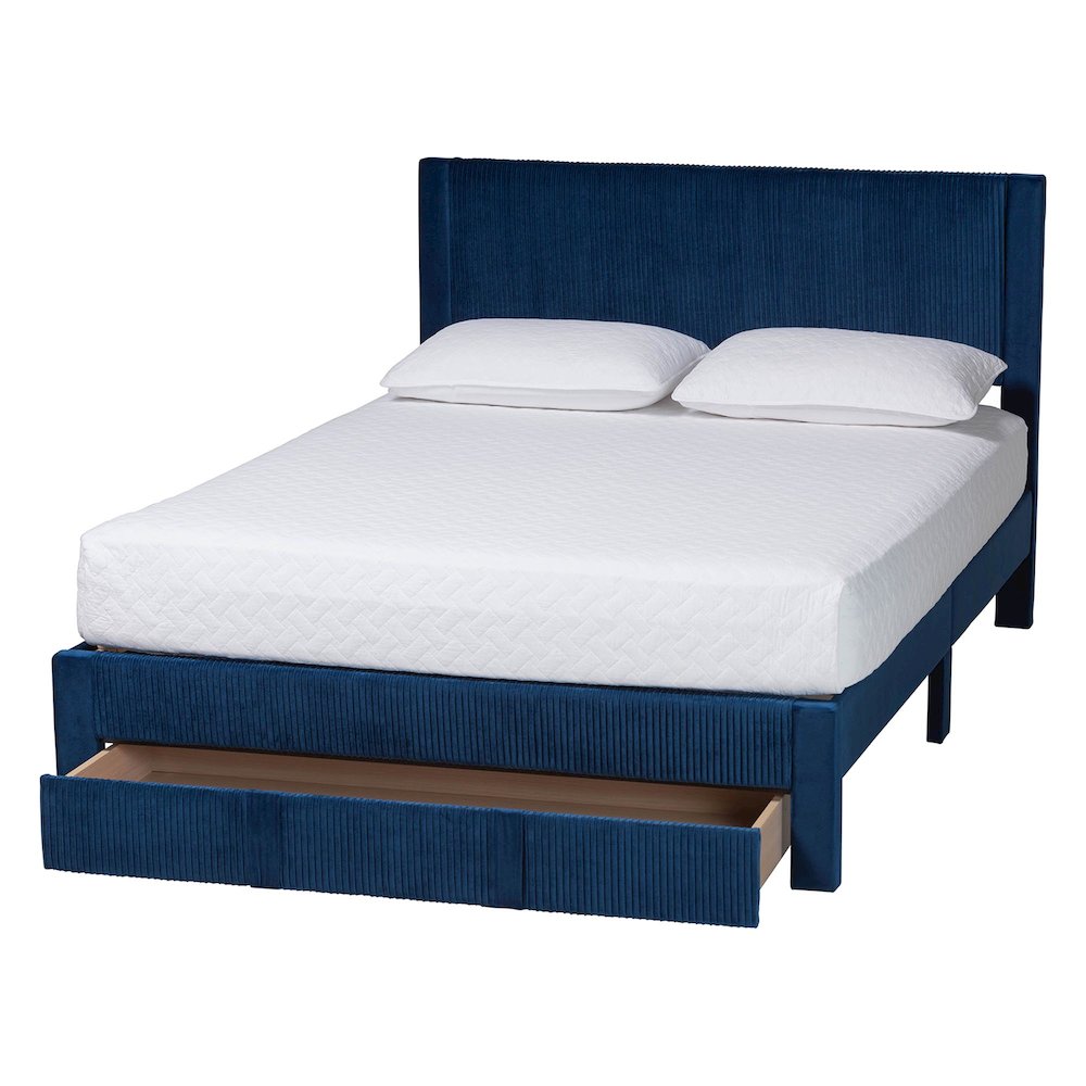Elora Modern Navy Blue Pleated Velvet Queen Size Storage Bed. Picture 2