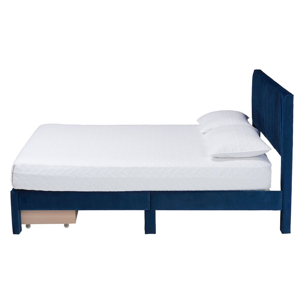 Elora Modern Navy Blue Pleated Velvet Queen Size Storage Bed. Picture 3