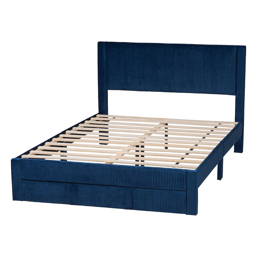 Elora Modern Navy Blue Pleated Velvet Queen Size Storage Bed. Picture 4