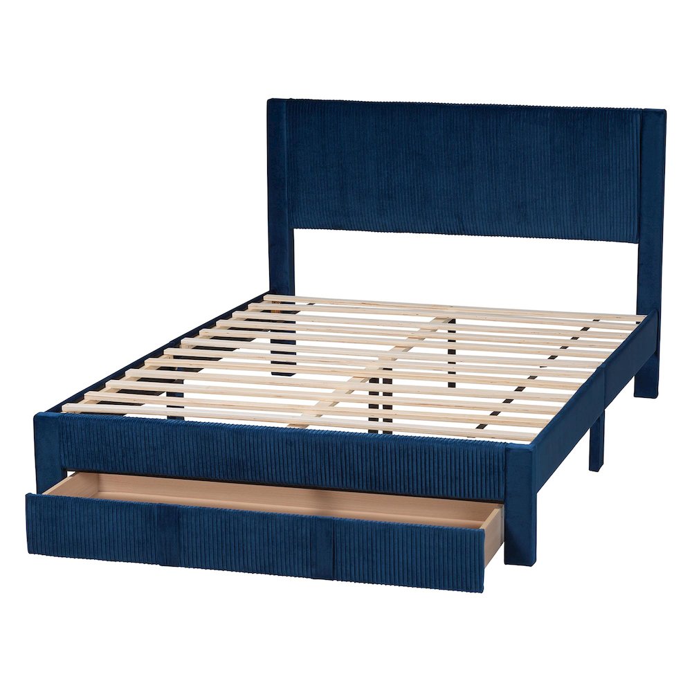 Elora Modern Navy Blue Pleated Velvet Queen Size Storage Bed. Picture 5