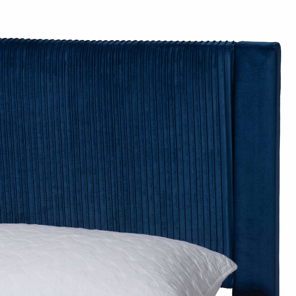 Elora Modern Navy Blue Pleated Velvet Queen Size Storage Bed. Picture 6