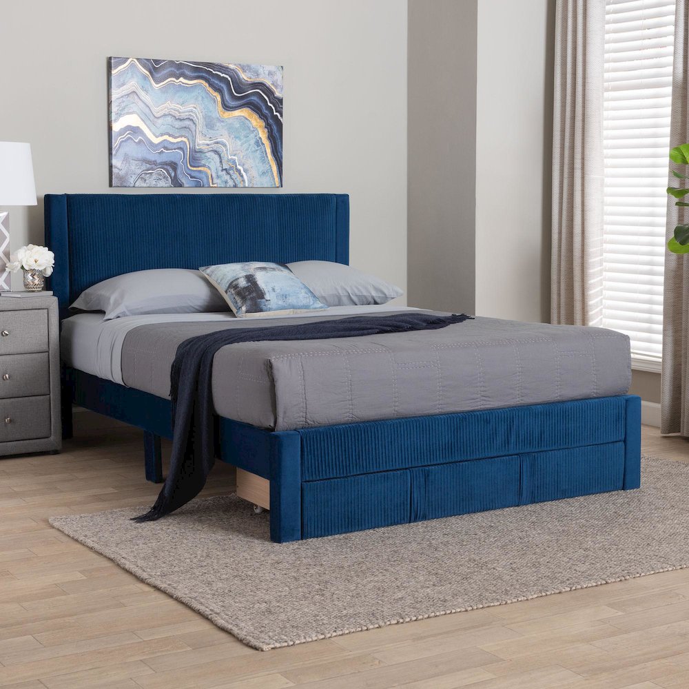 Elora Modern Navy Blue Pleated Velvet Queen Size Storage Bed. Picture 9