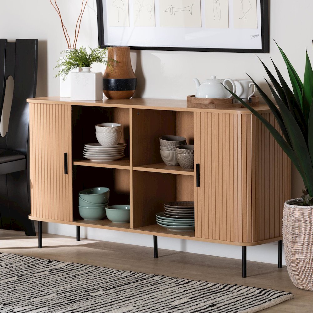 Baxton Studio Lucia Fluted Wood Sideboard - Mid-Century Modern Buffet Cabinet. Picture 9
