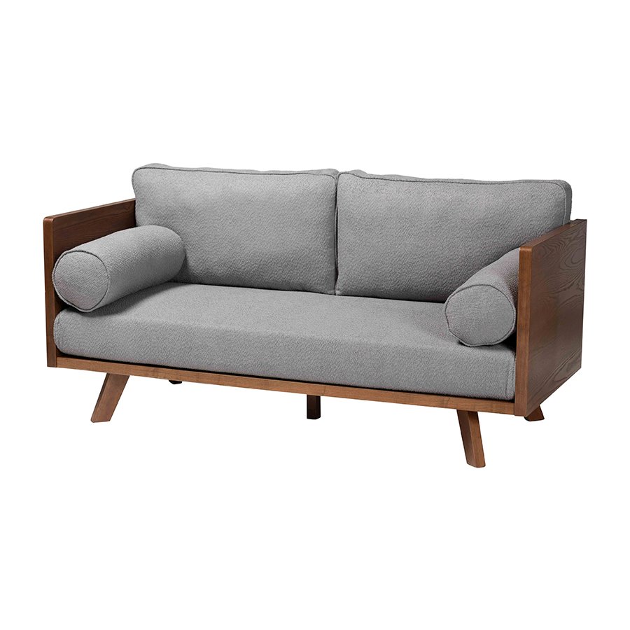 Uriel Mid-Century Modern Grey Boucle Fabric Sofa. Picture 1