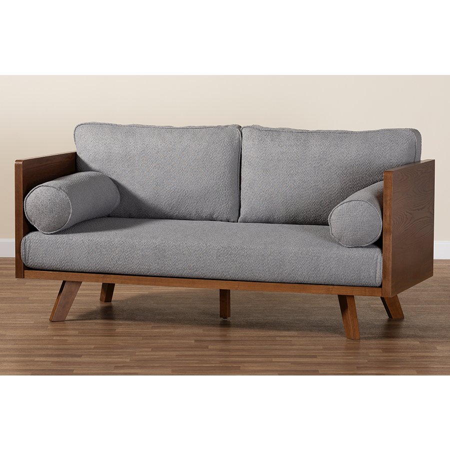 Uriel Mid-Century Modern Grey Boucle Fabric Sofa. Picture 10