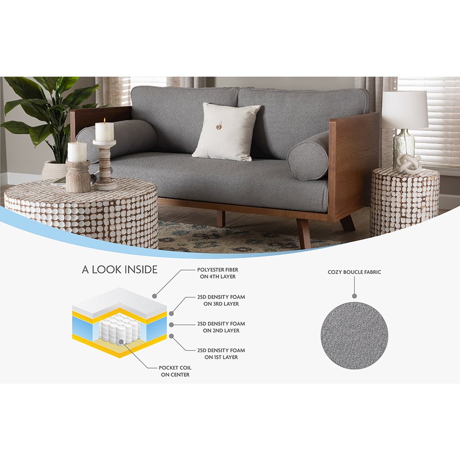 Uriel Mid-Century Modern Grey Boucle Fabric Sofa. Picture 9