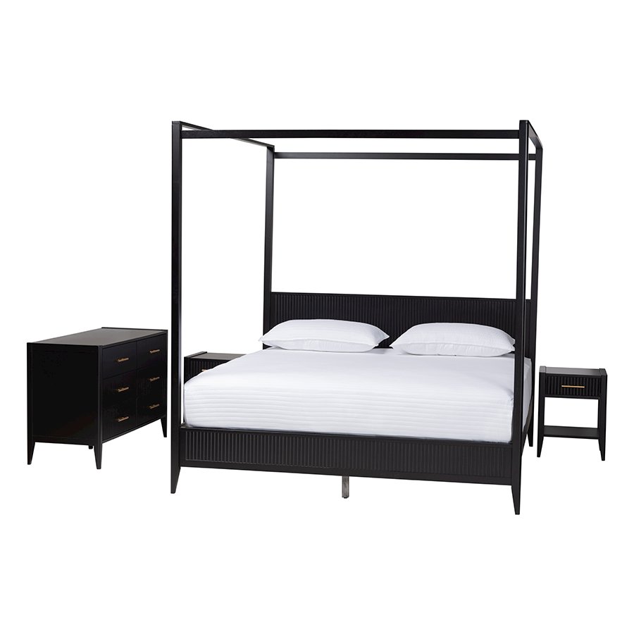 Primrose Mid-Century Black Fluted Wood King Size 4-Piece Canopy Bedroom Set. Picture 1