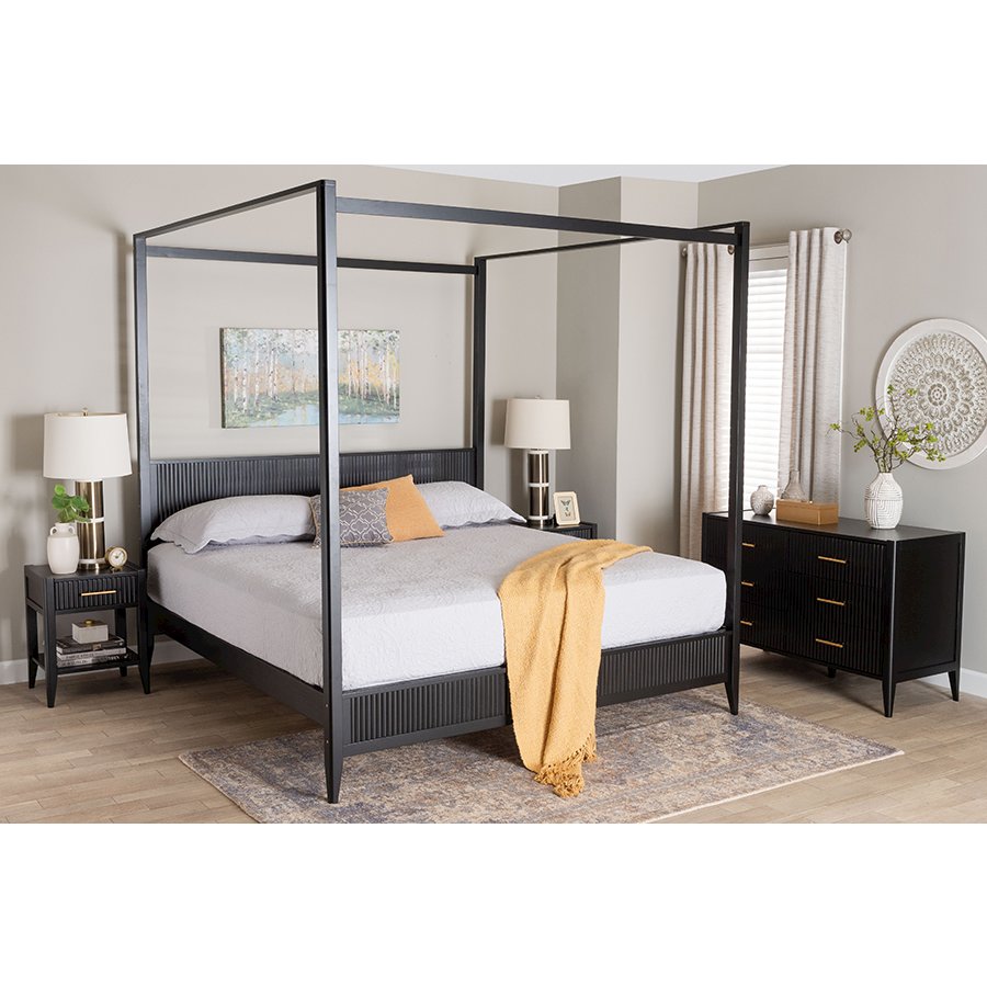 Primrose Mid-Century Black Fluted Wood King Size 4-Piece Canopy Bedroom Set. Picture 21