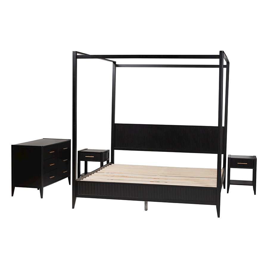 Primrose Mid-Century Black Fluted Wood King Size 4-Piece Canopy Bedroom Set. Picture 2
