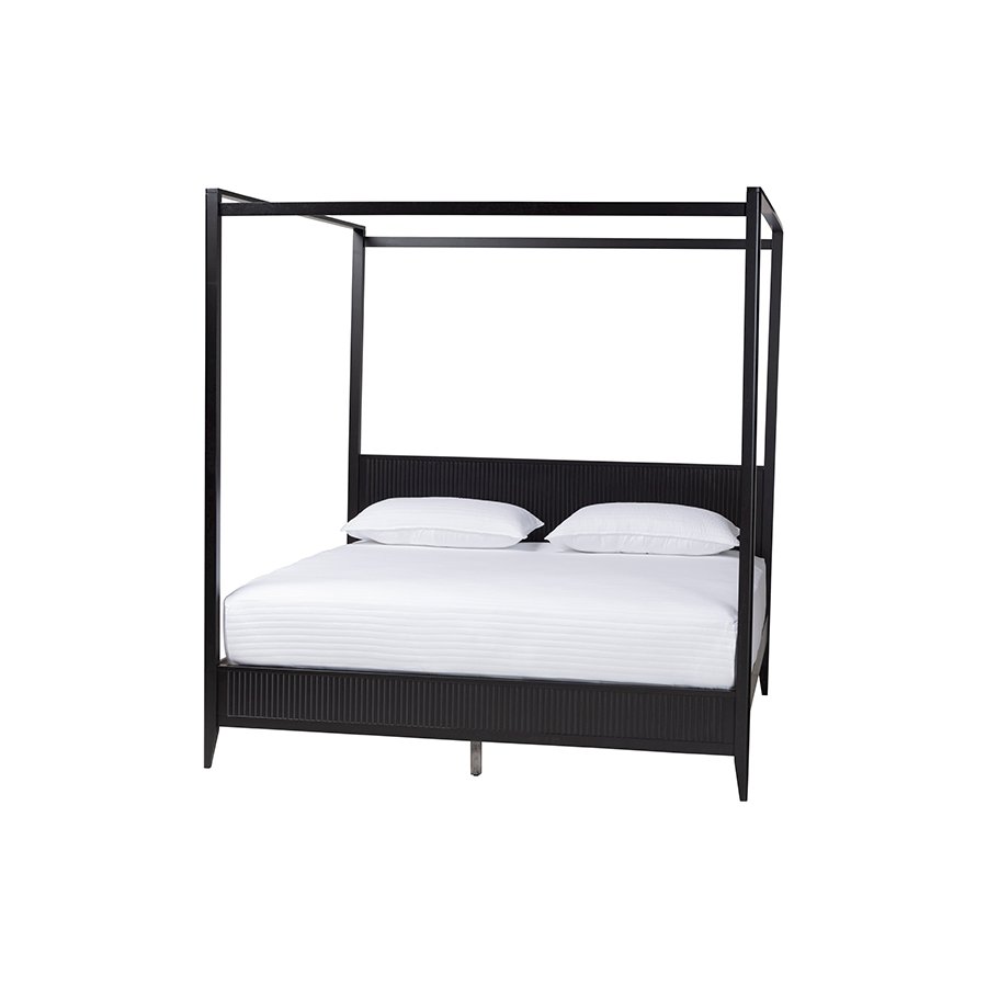 Primrose Mid-Century Black Fluted Wood King Size 4-Piece Canopy Bedroom Set. Picture 3