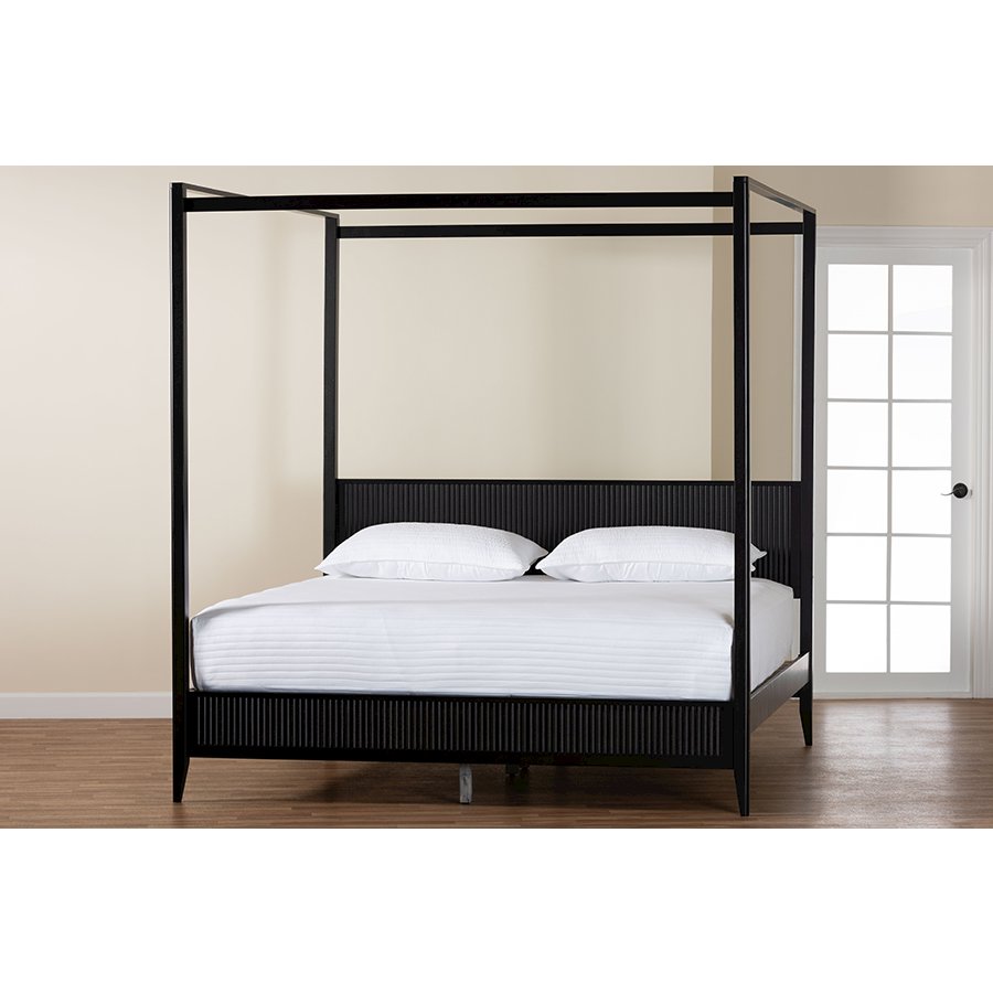 Primrose Mid-Century Black Fluted Wood King Size Canopy Bed. Picture 8