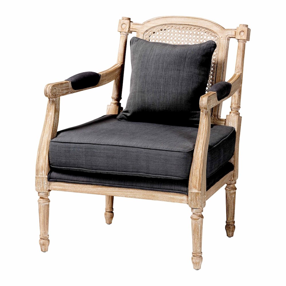 Clemence French Provincial Grey Fabric Whitewashed Mahogany Wood Armchair. Picture 1