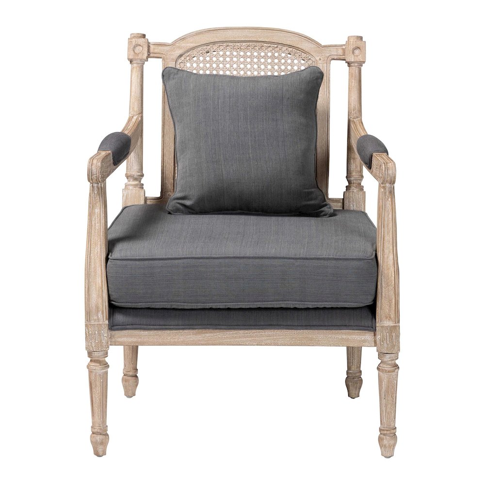Clemence French Provincial Grey Fabric Whitewashed Mahogany Wood Armchair. Picture 2