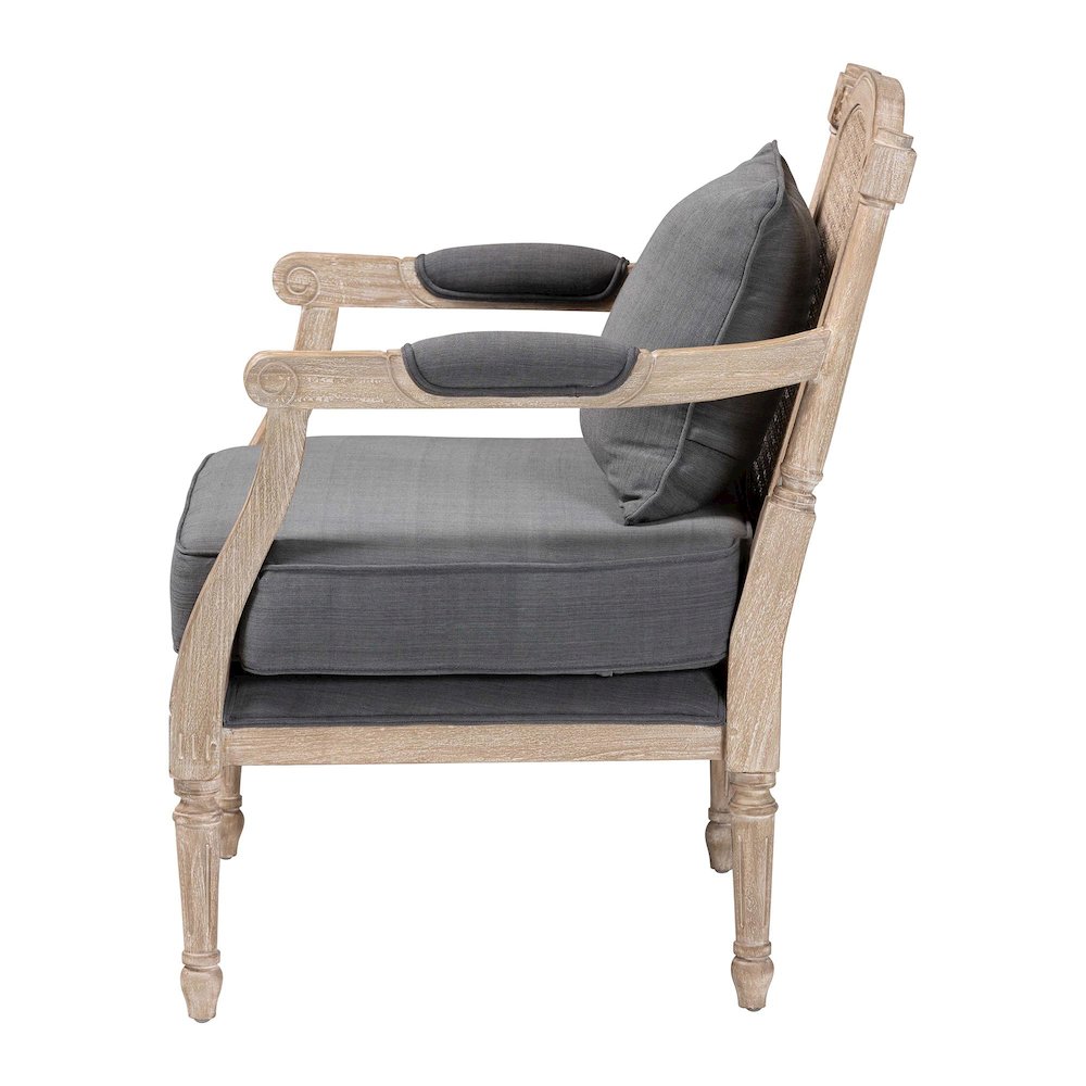 Clemence French Provincial Grey Fabric Whitewashed Mahogany Wood Armchair. Picture 3