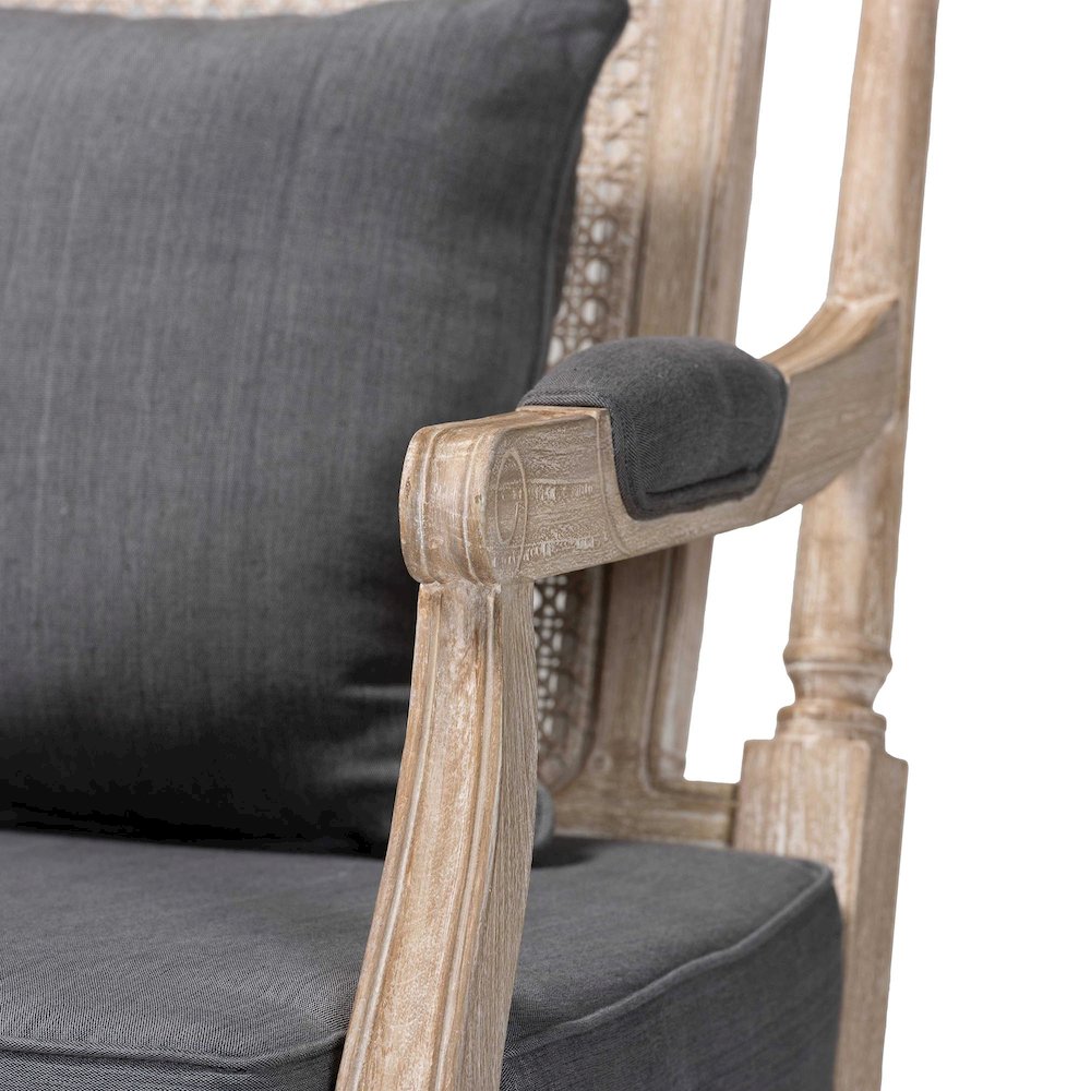 Clemence French Provincial Grey Fabric Whitewashed Mahogany Wood Armchair. Picture 5