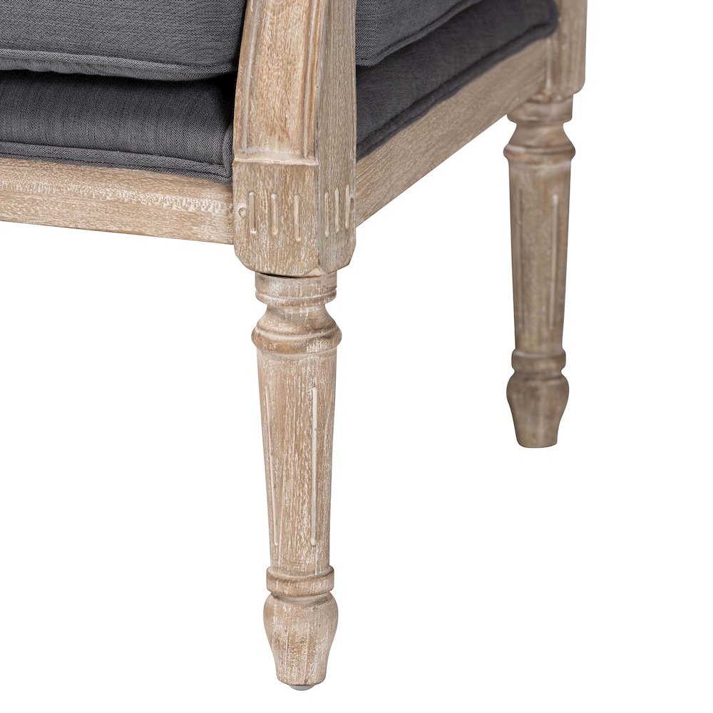 Clemence French Provincial Grey Fabric Whitewashed Mahogany Wood Armchair. Picture 6
