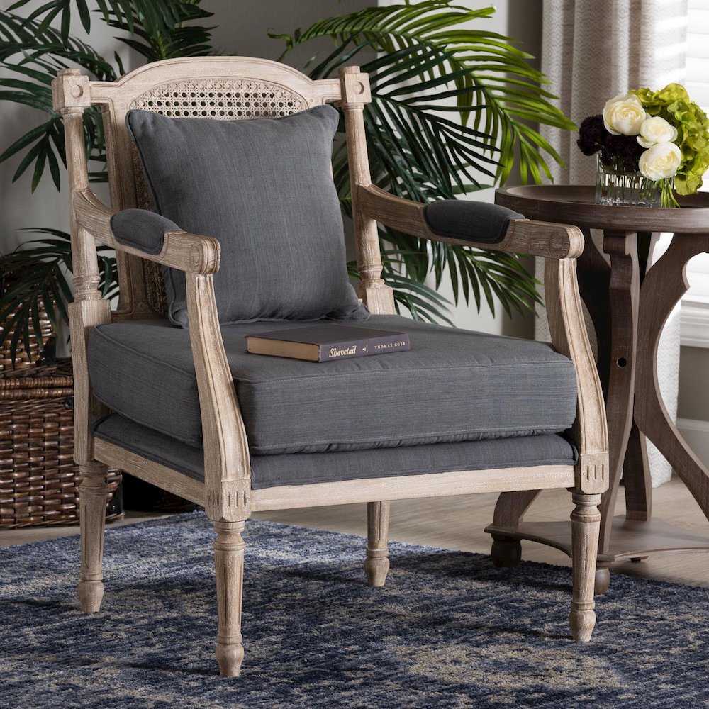 Clemence French Provincial Grey Fabric Whitewashed Mahogany Wood Armchair. Picture 8