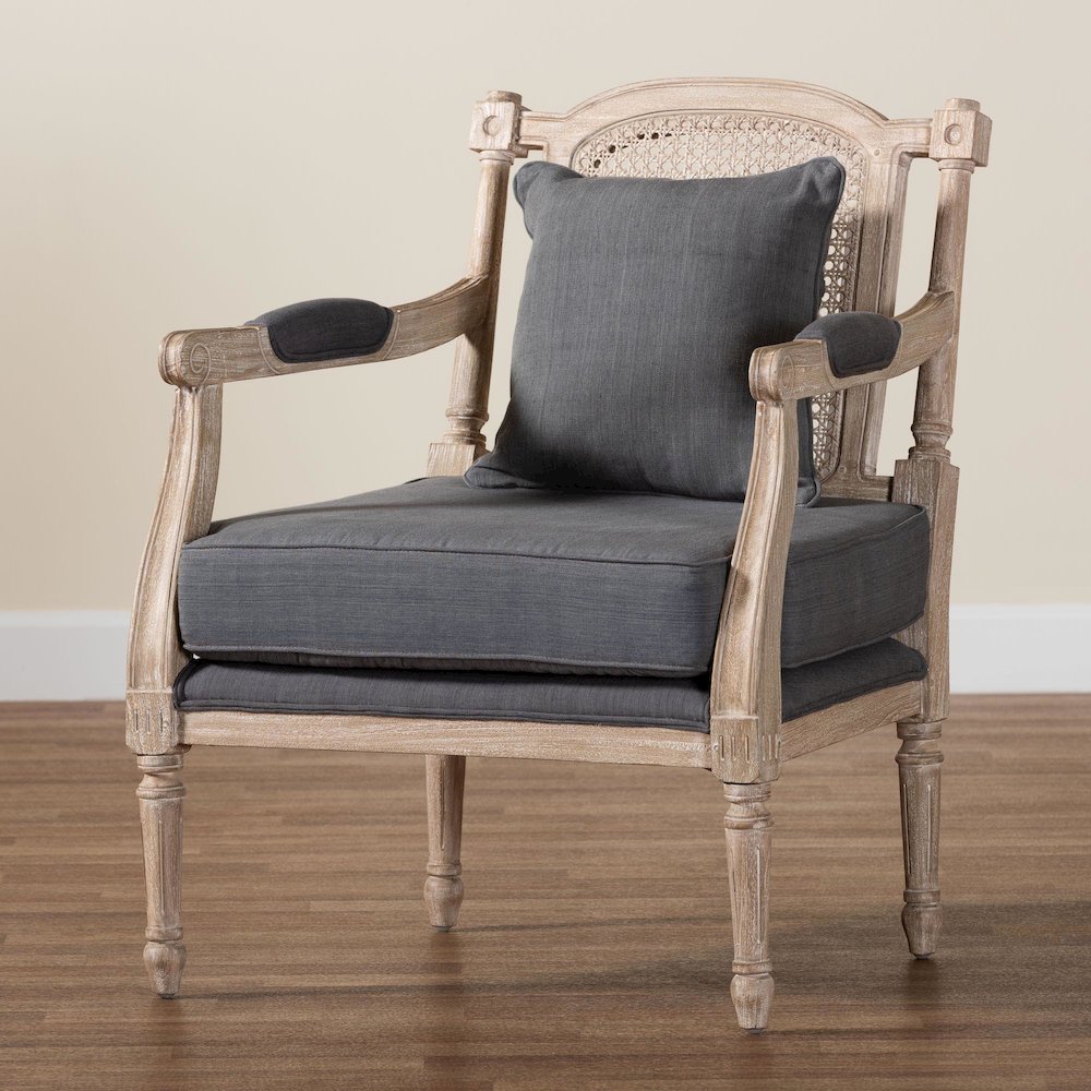 Clemence French Provincial Grey Fabric Whitewashed Mahogany Wood Armchair. Picture 9