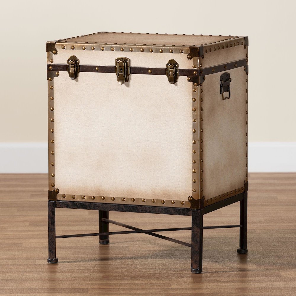 Laura Vintage White Canvas Lift-Top Trunk End Table. Picture 10