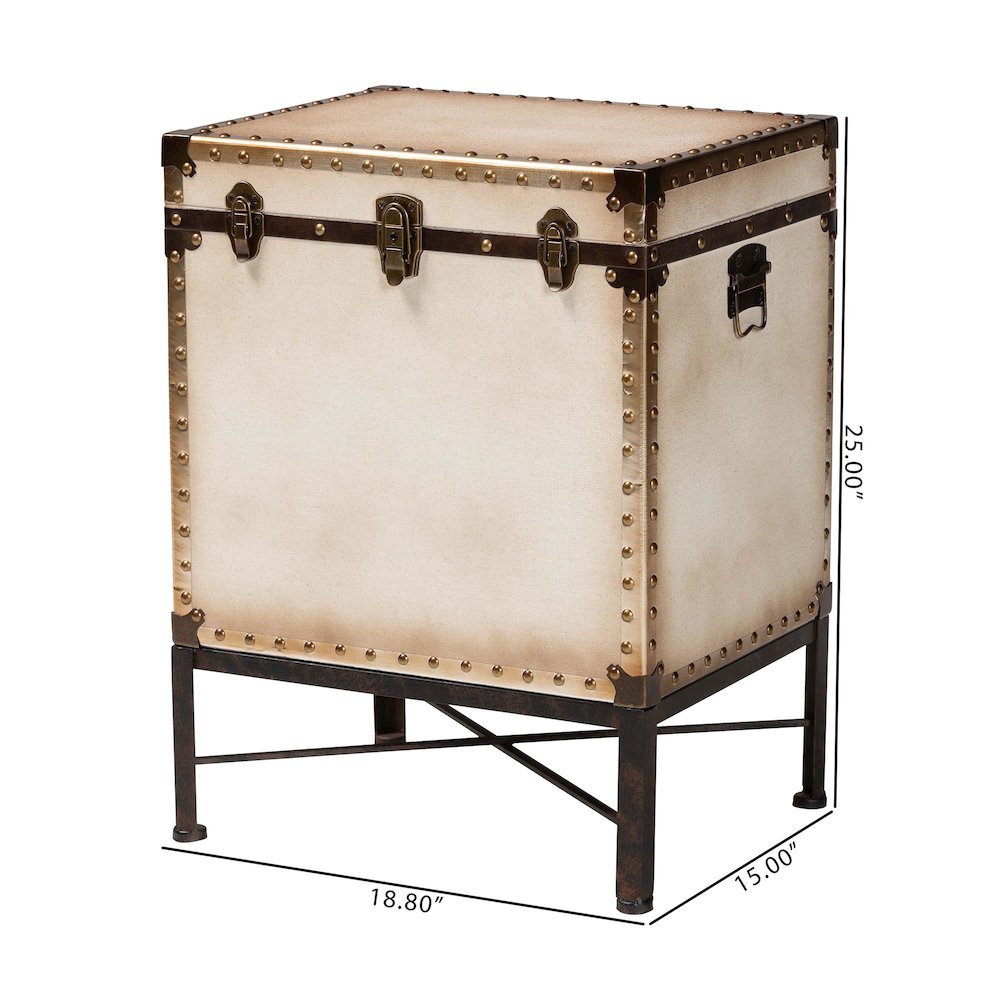 Laura Vintage White Canvas Lift-Top Trunk End Table. Picture 11