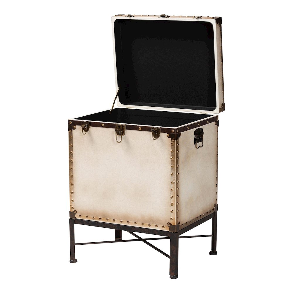 Laura Vintage White Canvas Lift-Top Trunk End Table. Picture 2