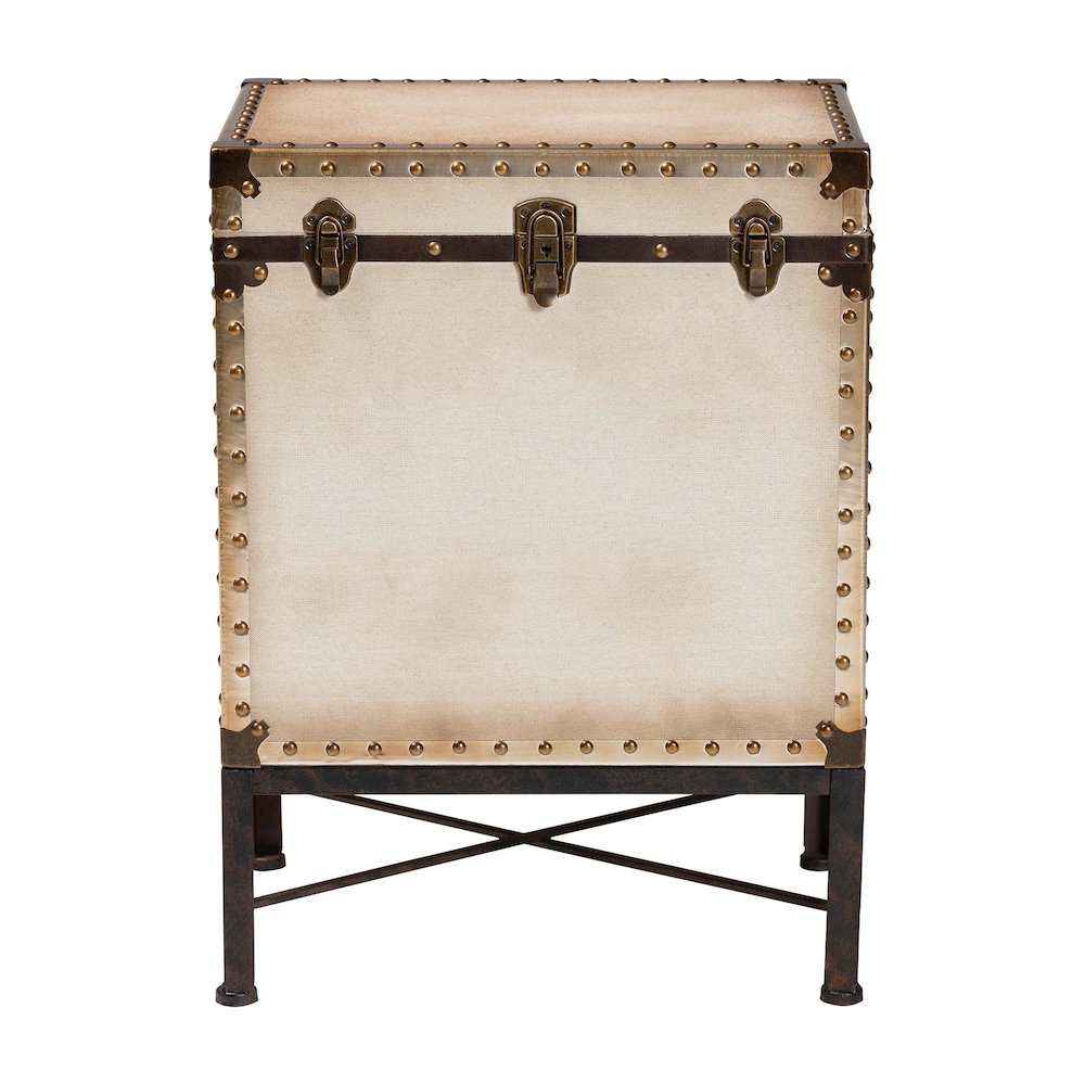 Laura Vintage White Canvas Lift-Top Trunk End Table. Picture 3