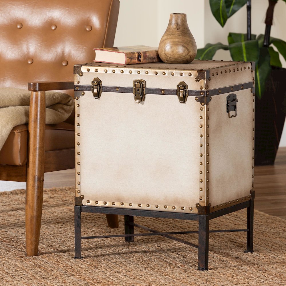 Laura Vintage White Canvas Lift-Top Trunk End Table. Picture 9
