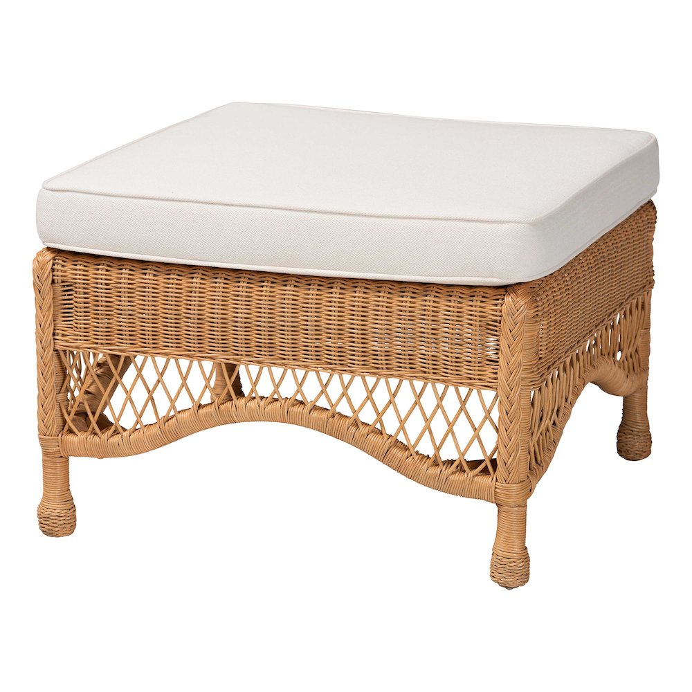 Brooklyn Bohemian Light Honey Braided Rattan Ottoman Stool. Picture 1