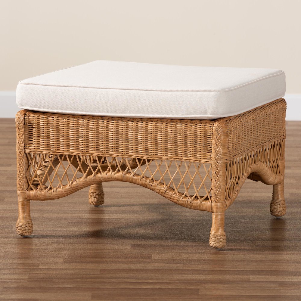 Brooklyn Bohemian Light Honey Braided Rattan Ottoman Stool. Picture 7