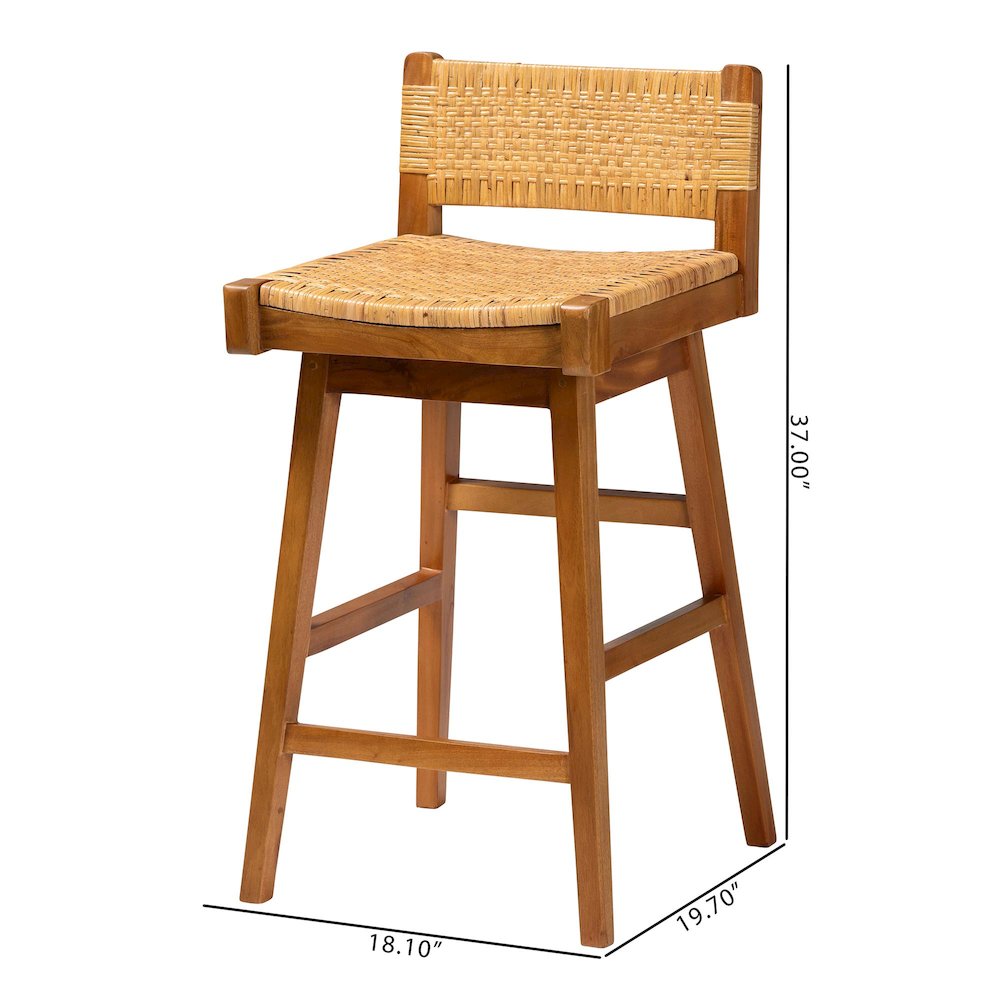 Asgart Bohemian Natural Rattan and Mahogany Wood Bar Stool. Picture 9
