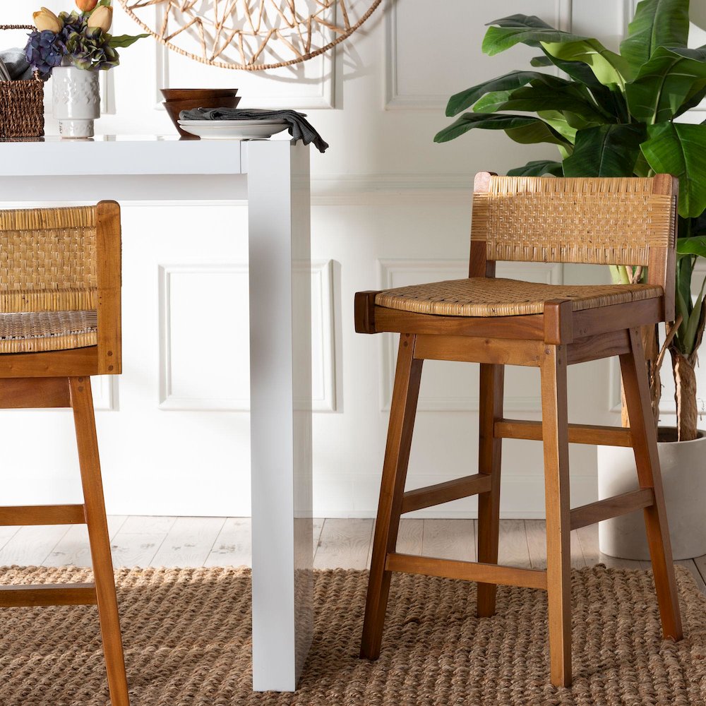 Asgart Bohemian Natural Rattan and Mahogany Wood Bar Stool. Picture 2