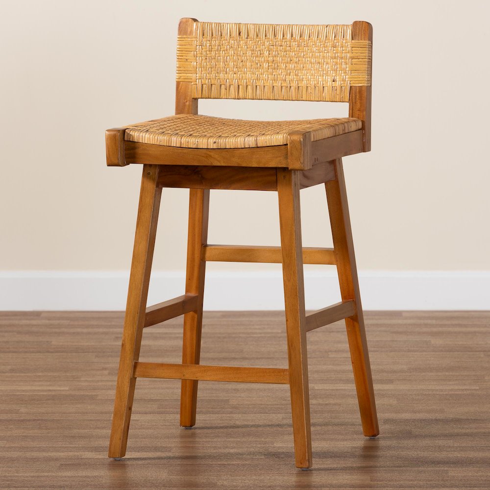 Asgart Bohemian Natural Rattan and Mahogany Wood Bar Stool. Picture 8