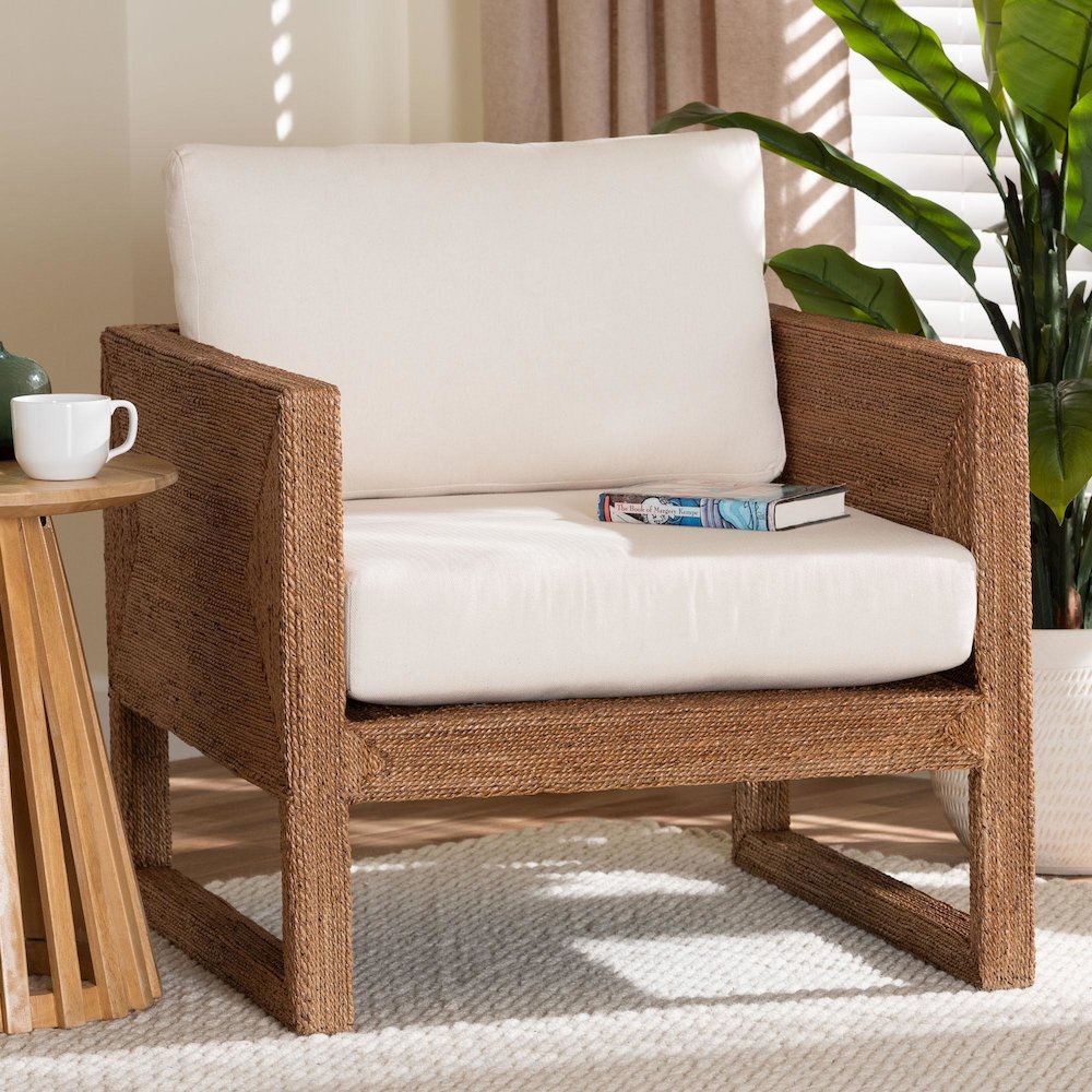 Helina Bohemian Bleached Seagrass and Acacia Wood Arm Chair. Picture 8