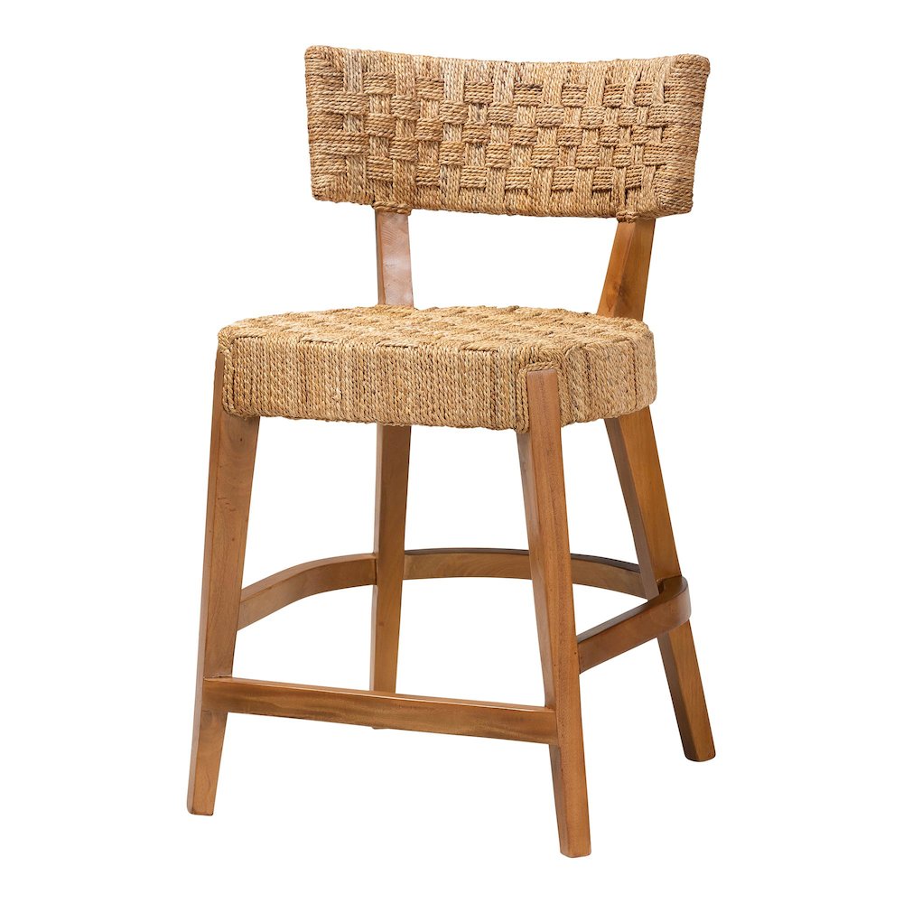 Sabit Bohemian Seagrass and Mahogany Wood Counter Stool. Picture 1