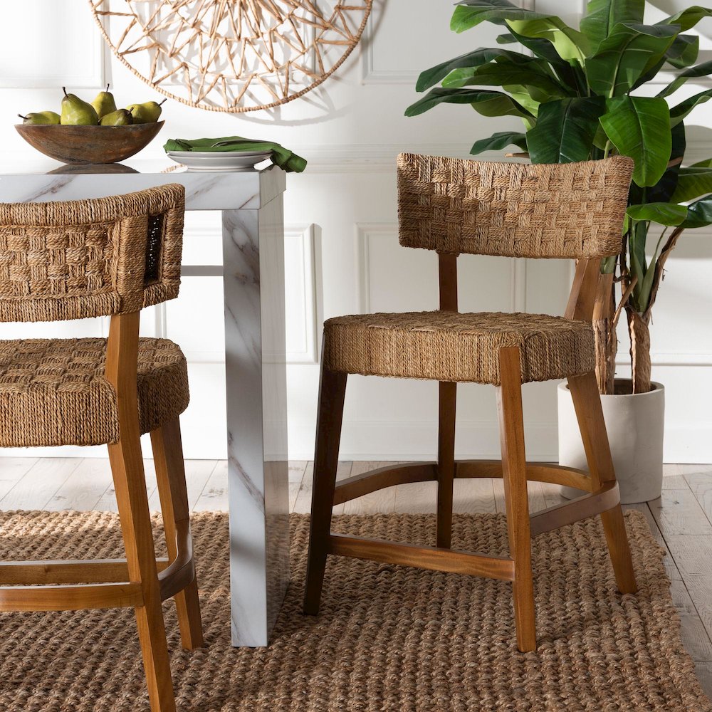 Sabit Bohemian Seagrass and Mahogany Wood Counter Stool. Picture 8