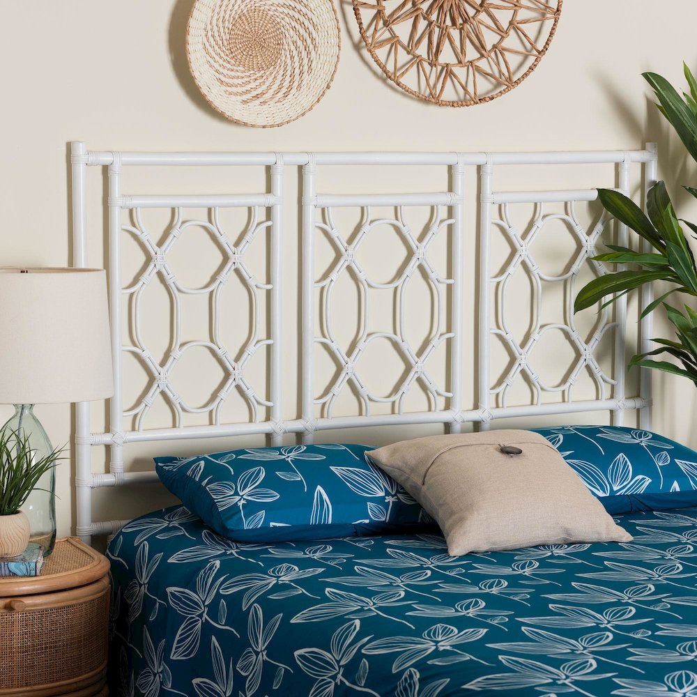 Sampson Bohemian White Rattan Queen Size Standalone Headboard. Picture 5