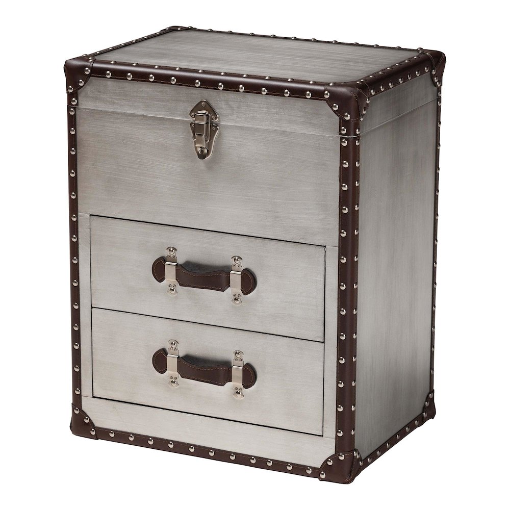 Calidore Vintage Silver Metal 2-Drawer End Table. Picture 1
