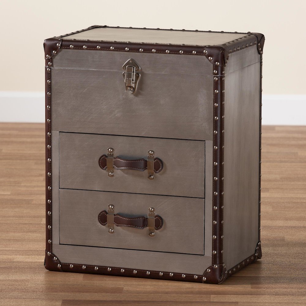 Calidore Vintage Silver Metal 2-Drawer End Table. Picture 10