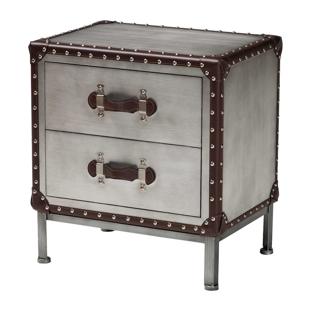 Jacey Vintage Silver Metal 2-Drawer End Table. Picture 1