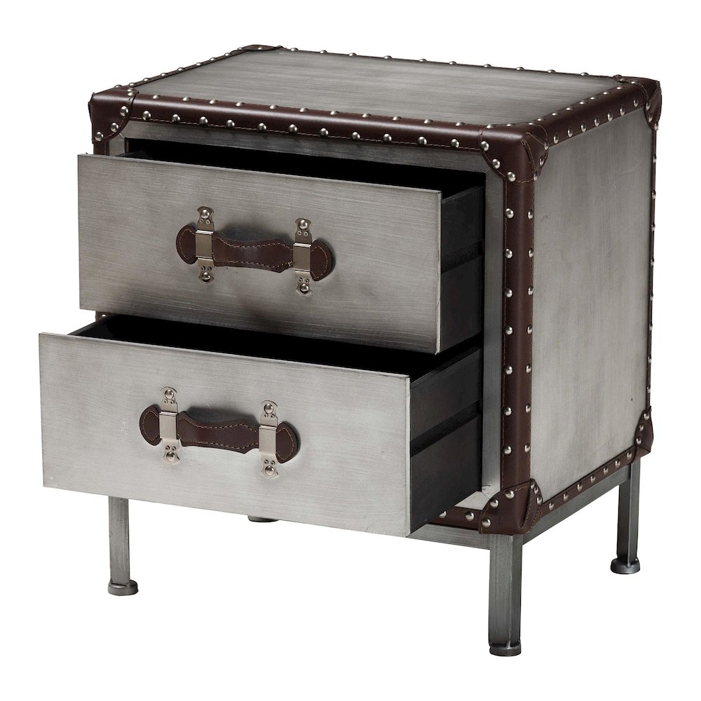 Jacey Vintage Silver Metal 2-Drawer End Table. Picture 2