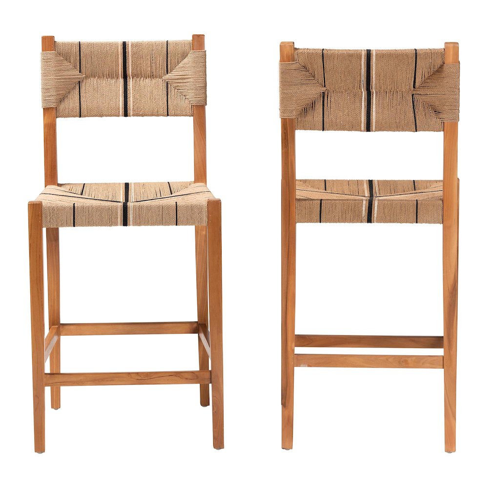 Prita Bohemian Paper Loom and Natural Mahogany Wood 2-Piece Bar Stool Set. Picture 2