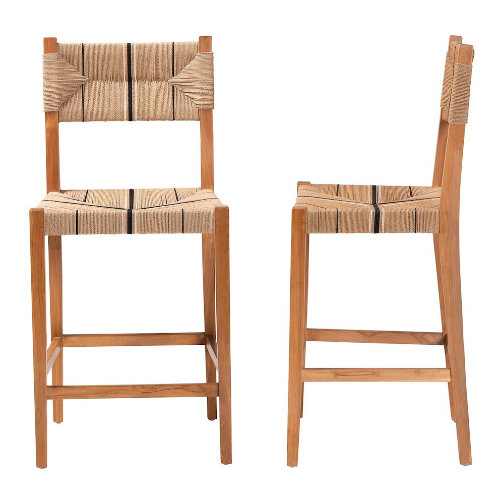 Prita Bohemian Paper Loom and Natural Mahogany Wood 2-Piece Bar Stool Set. Picture 3