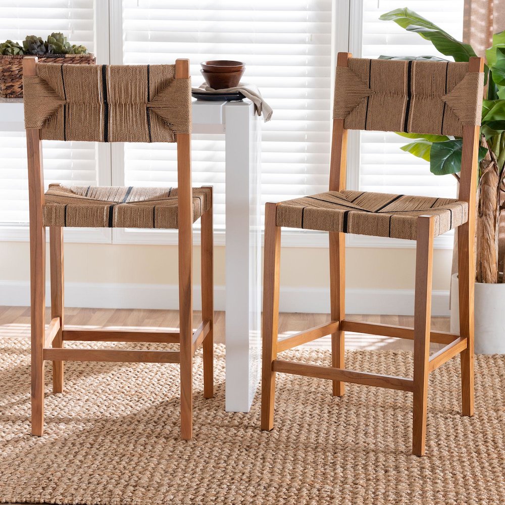Prita Bohemian Paper Loom and Natural Mahogany Wood 2-Piece Bar Stool Set. Picture 7